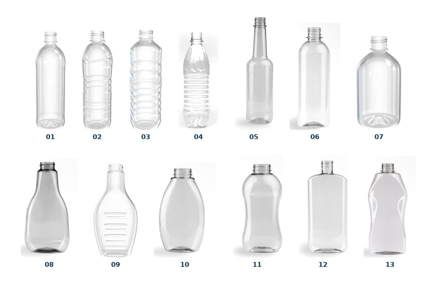 Línea de 13 envases de 500 ml de Solutaps, numerados del 01 al 13: botellas de agua, salseras, jaraberas, Boston para shampoo, licorera y envases para limpieza